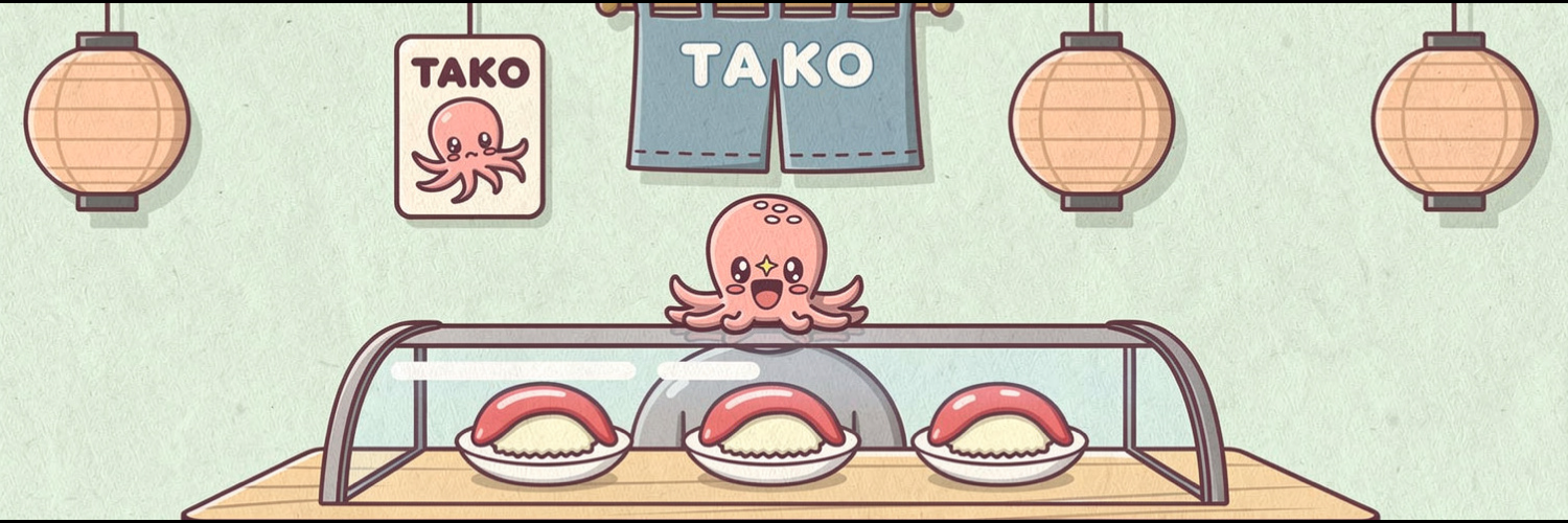 Takosushi mascot behind the sushi counter, surrounded by paper lanterns